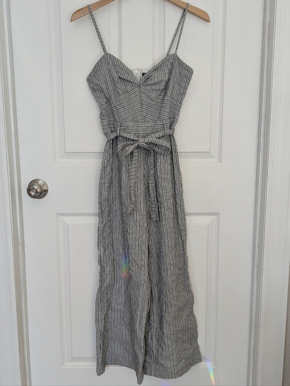 Zara Jumpsuit Striped Black & White Spaghetti Strap Jumpsuit with Tie Waist